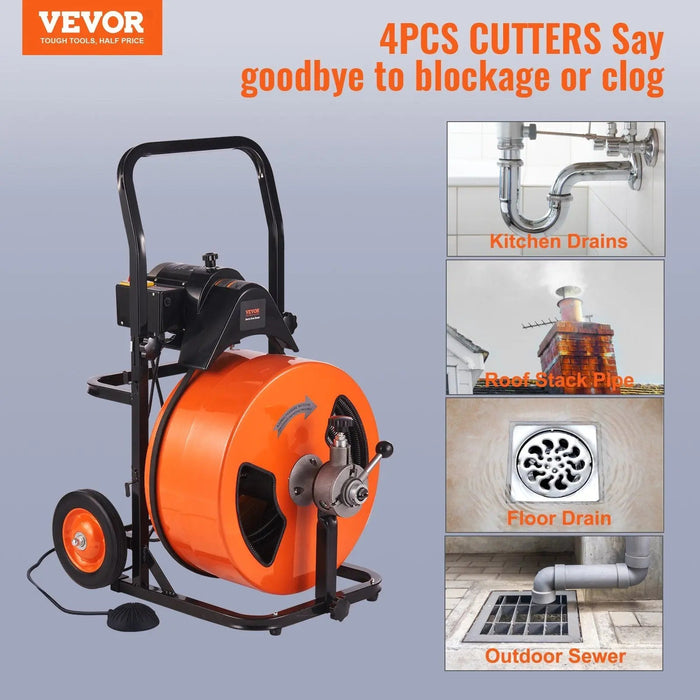 100 FT Drain Auger Cleaner, Auto Feed with Air-Activated Foot Switch for 1 to 4 Inch Pipes, DOBA-DAC100