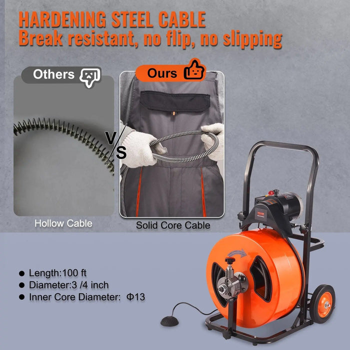 100 FT Drain Auger Cleaner, Auto Feed with Air-Activated Foot Switch for 1 to 4 Inch Pipes, DOBA-DAC100
