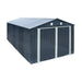 10' x 20' metal garage shed with double front doors, side entry door, charcoal grey finish, and 200 sq-ft of floor space – packed in wooden crate for shipping.