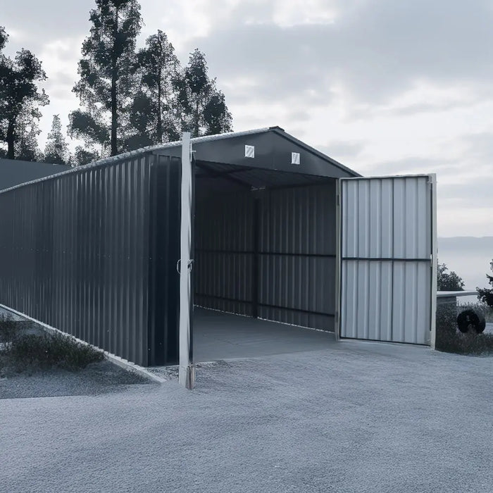 10' x 20' metal garage shed with double front doors, side entry door, charcoal grey finish, and 200 sq-ft of floor space – packed in wooden crate for shipping.
