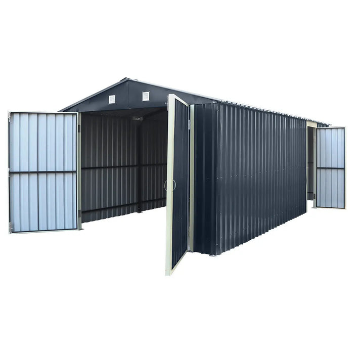 10' x 20' metal garage shed with double front doors, side entry door, charcoal grey finish, and 200 sq-ft of floor space – packed in wooden crate for shipping.