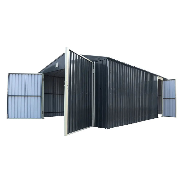 13' x 20' metal garage shed with 10' double front doors, side entry door, 8'6" peak height, reinforced steel frame, and charcoal grey finish – TMG-MS1320B.