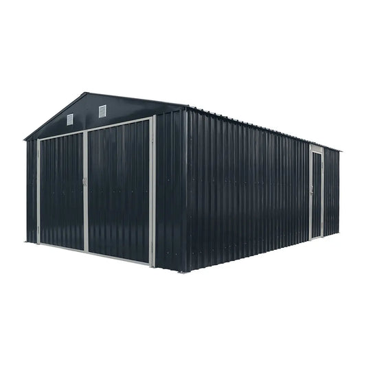 13' x 20' metal garage shed with 10' double front doors, side entry door, 8'6" peak height, reinforced steel frame, and charcoal grey finish – TMG-MS1320B.