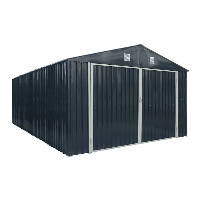 13' x 20' metal garage shed with 10' double front doors, side entry door, 8'6" peak height, reinforced steel frame, and charcoal grey finish – TMG-MS1320B.
