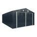 13' x 20' metal garage shed with 10' double front doors, side entry door, 8'6" peak height, reinforced steel frame, and charcoal grey finish – TMG-MS1320B.