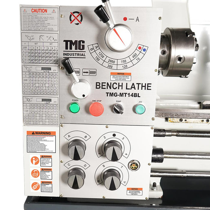 TMG-MT14BL 14" x 40" precision bench lathe with 2 HP motor, 70–2000 RPM and ASA D1-4 spindle
