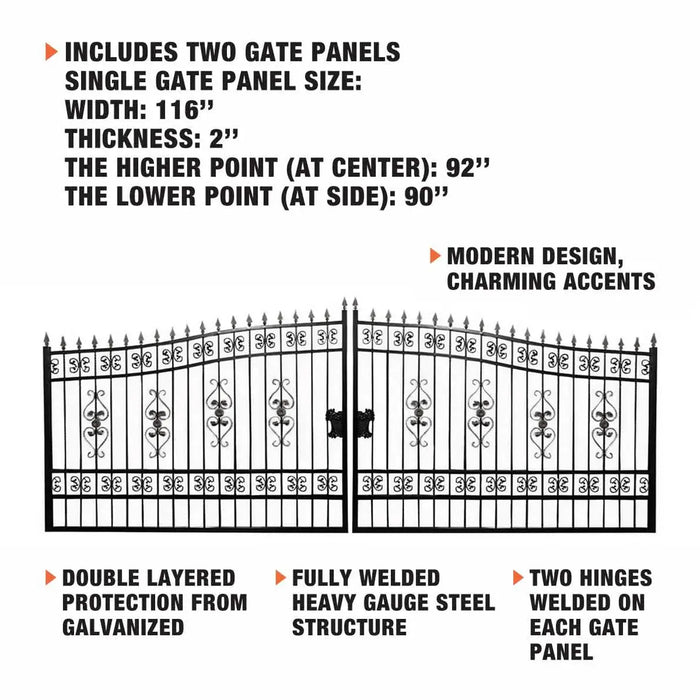 TMG Industrial 20-ft Bi-Parting Deluxe Wrought Iron Ornamental Gate, 100% Solid Forged Steel, Powder Coated, TMG-MG20
