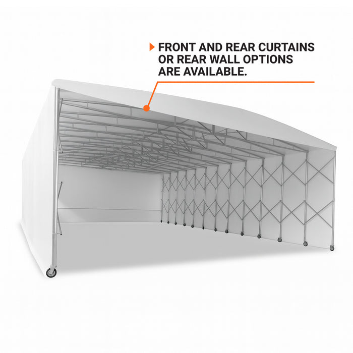 TMG-ST2550M 25' x 50' retractable mobile shelter with 27 oz PVC cover, 13' sidewalls and 14'9" peak height
