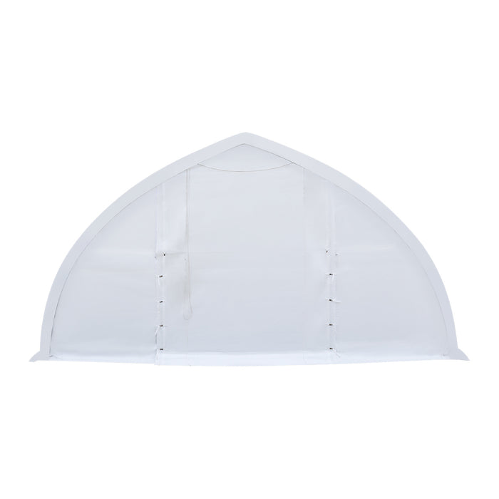 TMG-ST3042E 30x42 peak ceiling storage shelter with 11 oz PE cover, galvanized steel frame, roll-up doors, and 1200 sq ft covered space for equipment storage