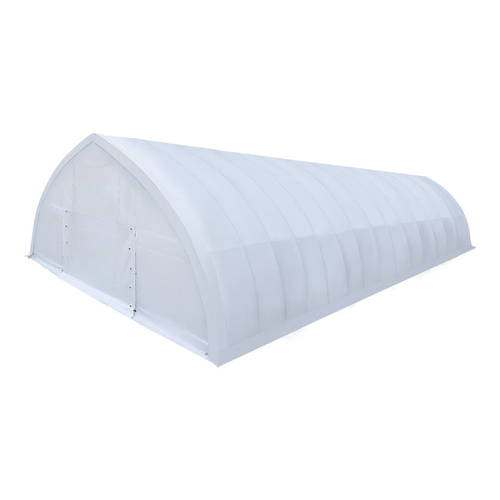 TMG-ST3062V 30x60 peak ceiling storage shelter with heavy duty 17 oz PVC cover, galvanized steel frame, and drive-through roll-up doors for equipment storage