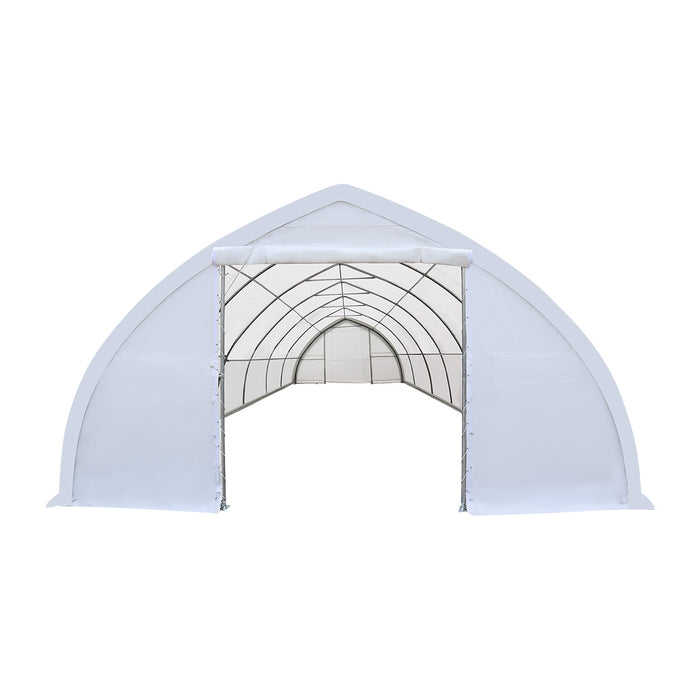 TMG-ST3062V 30x60 peak ceiling storage shelter with heavy duty 17 oz PVC cover, galvanized steel frame, and drive-through roll-up doors for equipment storage