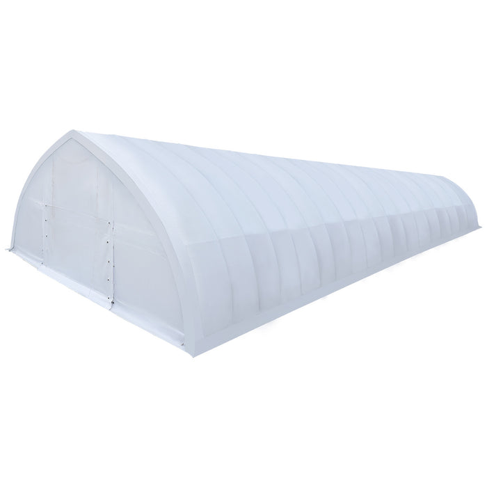 TMG-ST3082E 30x80 peak ceiling storage shelter with heavy duty 11 oz PE cover, galvanized steel frame, and drive-through roll-up doors for large equipment storage