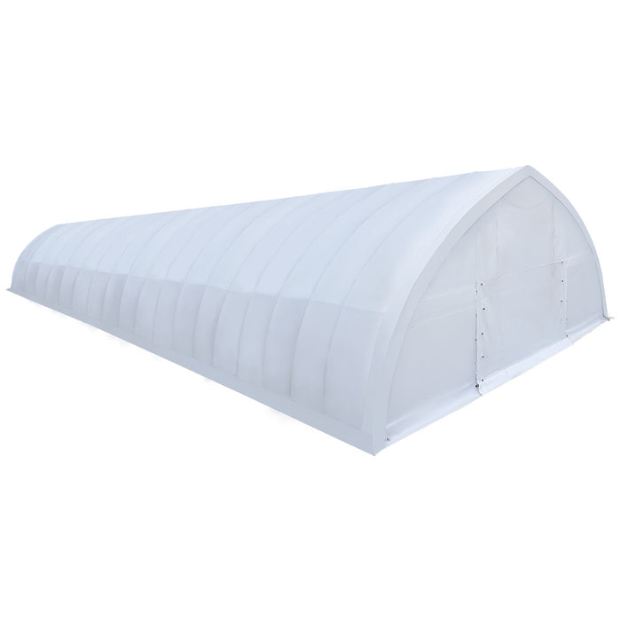 TMG-ST3082E 30x80 peak ceiling storage shelter with heavy duty 11 oz PE cover, galvanized steel frame, and drive-through roll-up doors for large equipment storage