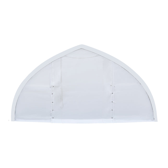 TMG-ST3082E 30x80 peak ceiling storage shelter with heavy duty 11 oz PE cover, galvanized steel frame, and drive-through roll-up doors for large equipment storage