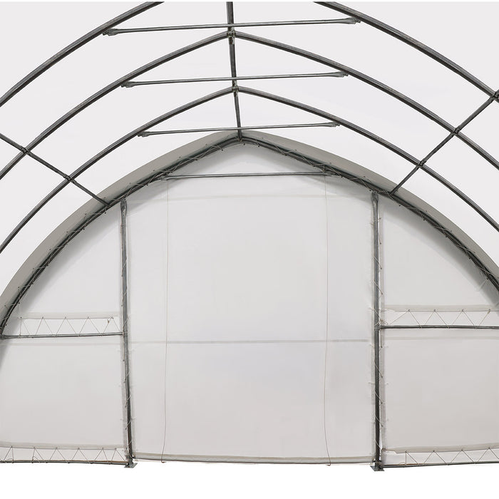TMG-ST3082E 30x80 peak ceiling storage shelter with heavy duty 11 oz PE cover, galvanized steel frame, and drive-through roll-up doors for large equipment storage
