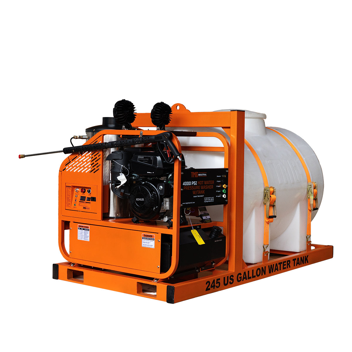 TMG-HW42T 4000 PSI skid mounted hot water pressure washer with 245 gallon tank and 14 HP Kohler engine
