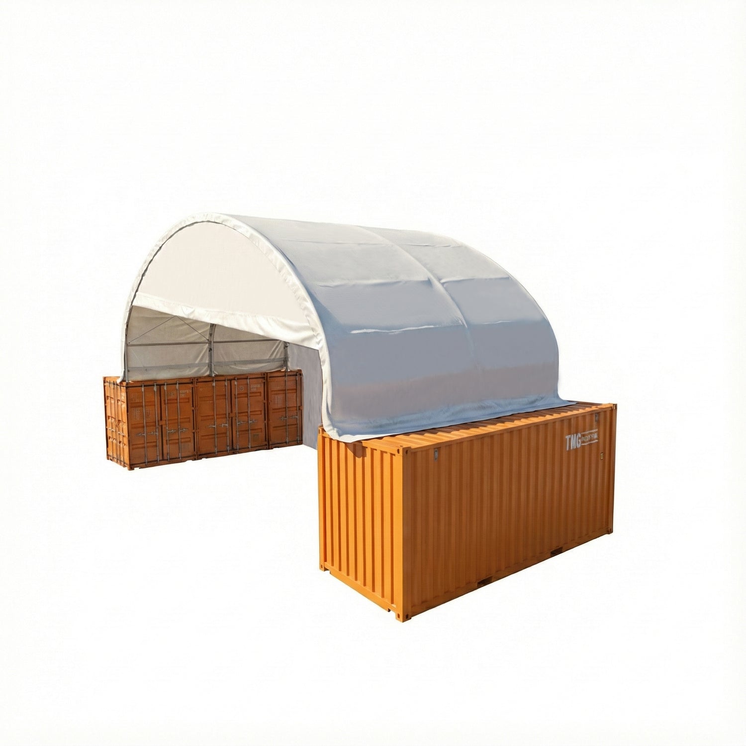 TMG-DT4022CF8 40' x 20' dual truss container shelter with 21 oz PVC cover, enclosed end wall and front drop
