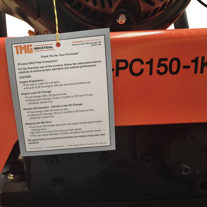 TMG-PC150-1K vibratory plate compactor with 5.5 HP Kohler engine and 5600 lb compaction force
