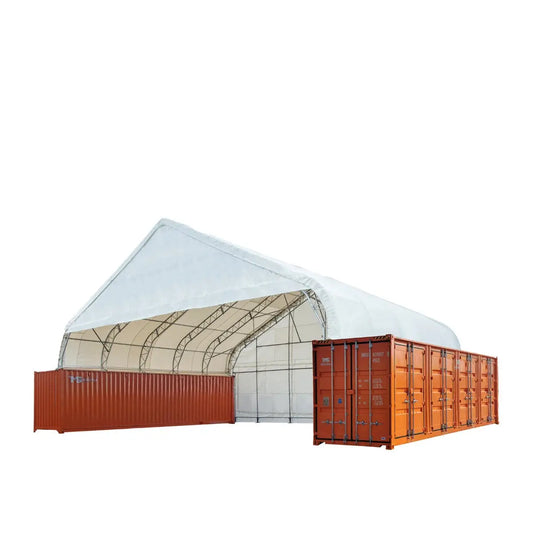 TMG-DT6070CF 60' x 70' dual truss container shelter with heavy duty 28oz PVC cover, enclosed end wall and front drop
