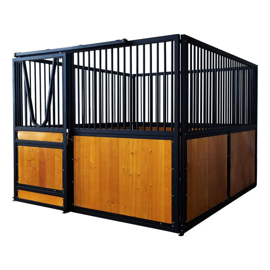 9' x 10' pre-built pine lumber horse stall with vertical bar top, sliding door, U-shaped opening, and powder-coated steel frame – modular panels for barn installation.