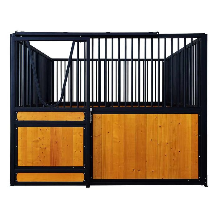 9' x 10' pre-built pine lumber horse stall with vertical bar top, sliding door, U-shaped opening, and powder-coated steel frame – modular panels for barn installation.