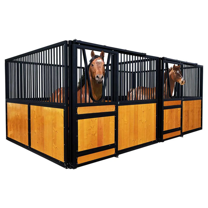 9' x 10' pre-built pine lumber horse stall with vertical bar top, sliding door, U-shaped opening, and powder-coated steel frame – modular panels for barn installation.
