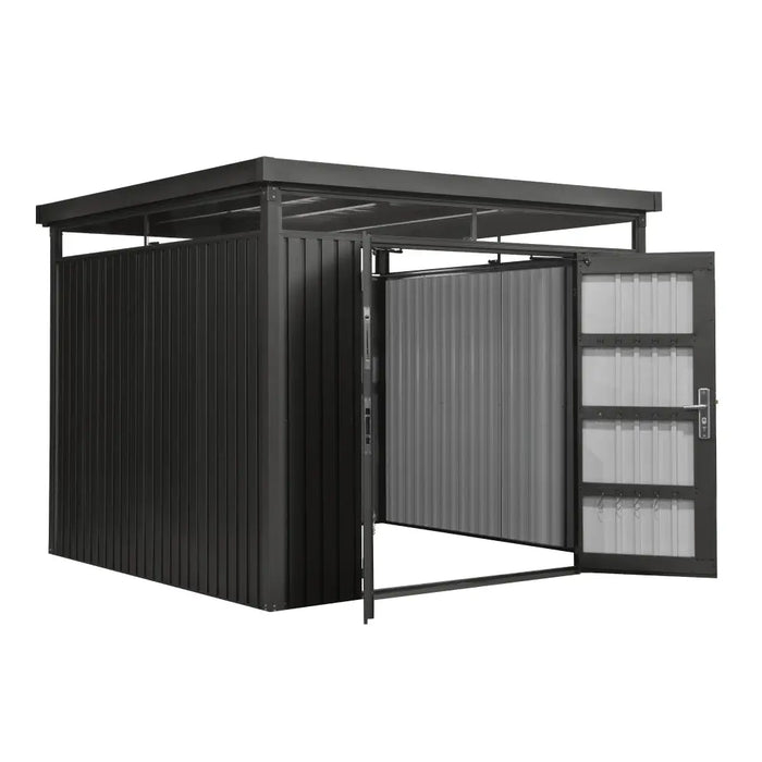 TMG-MS0909-PRO 9x9 Pro Series galvanized metal shed with skylight windows, vents, and 59x70 inch lockable door for secure outdoor storage