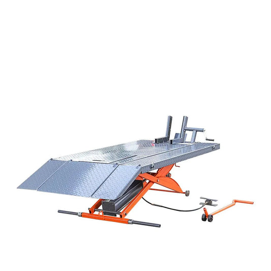 TMG Industrial 1000 lb Portable Motorcycle/ATV Scissor Lift, 44” Work Platform, 10” Side Panel Extensions, Front Vise Kit, TMG-1000PML