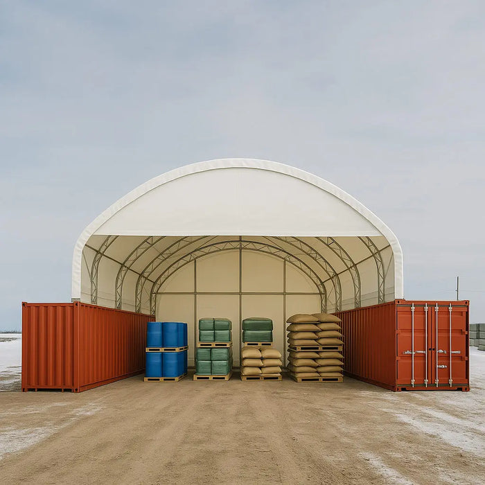 40' x 40' Dual Truss Container Shelter with Heavy Duty 21 oz PVC Cover, Enclosed End Wall & Front Drop, TMG-DT4041CF (Previously DT4040CF) - TMG Industrial