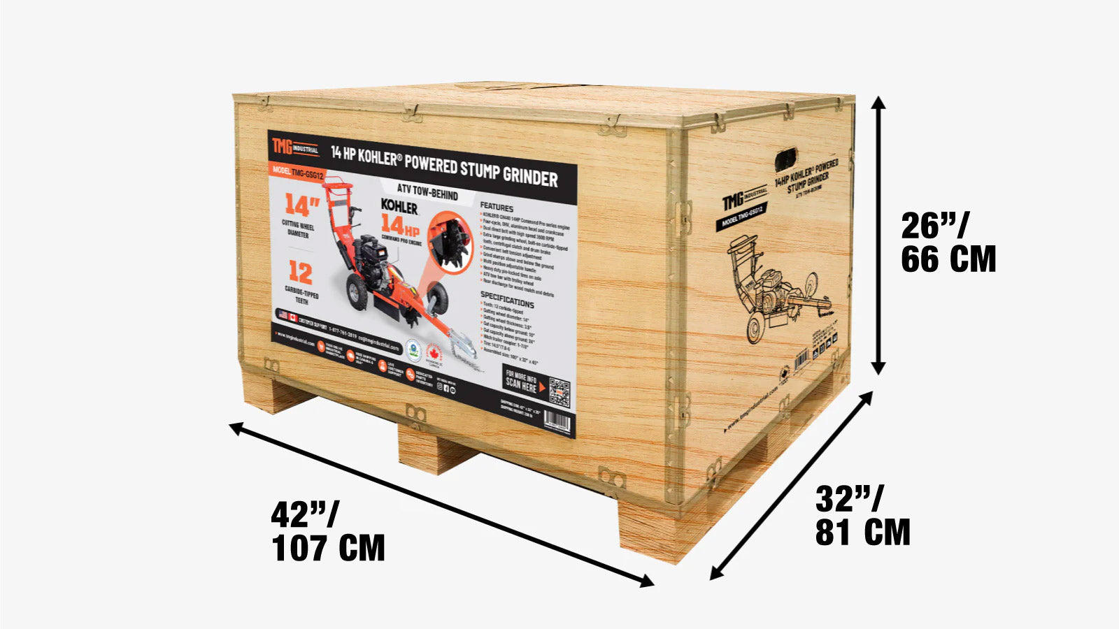 Handgeführte, motorbetriebene Stubbenfräse von Kohler, Anhängerkupplung für ATV/UTV, 12 Hartmetallzähne, 61 cm Schnittkapazität, 14 PS Benzinmotor, TMG-GSG12-shipping-info-image
