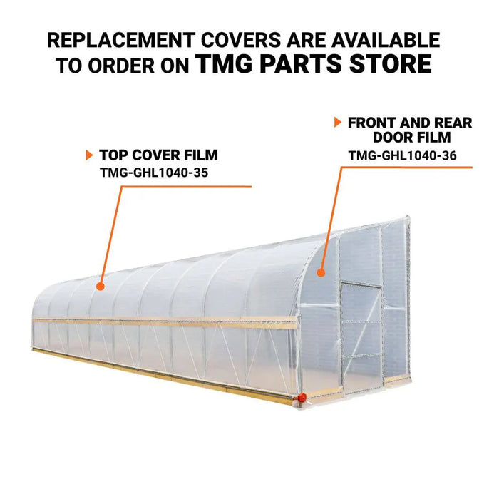 TMG Industrial 10’ x 40’ Lean-To Greenhouse Grow Tent w/6 Mil Clear EVA Plastic Film, Cold Frame, Hand Crank Roll-Up Side, 6-½’ Sidewall, TMG-GHL1040