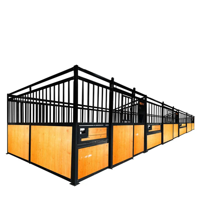 TMG Industrial 12’ Horse Stall Pine Lumber Panel, Vertical Bar Top & Wood-Filled Bottom, Front panel c/w Window/Feeder and Sliding Door, TMG-FHS12A and FHS12B
