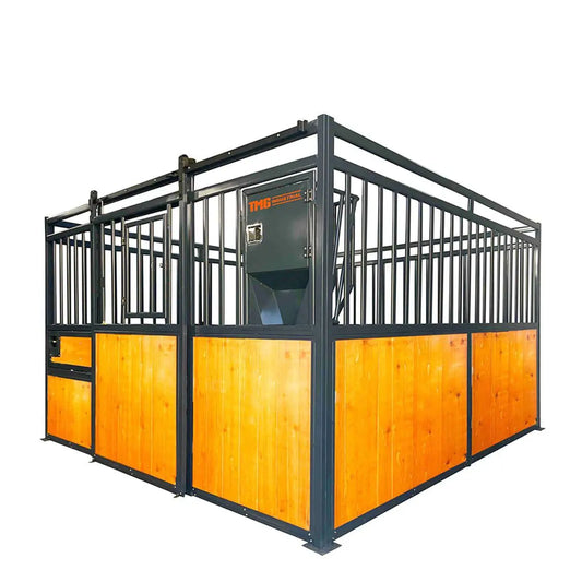TMG Industrial 12’ Horse Stall Pine Lumber Panel, Vertical Bar Top & Wood-Filled Bottom, Front panel c/w Window/Feeder and Sliding Door, TMG-FHS12A and FHS12B