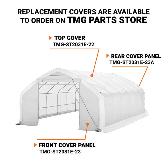 TMG Industrial 20' x 30' Straight Wall Peak Ceiling Storage Shelter with Heavy Duty 11 oz PE Cover & Drive Through Door, TMG-ST2031E