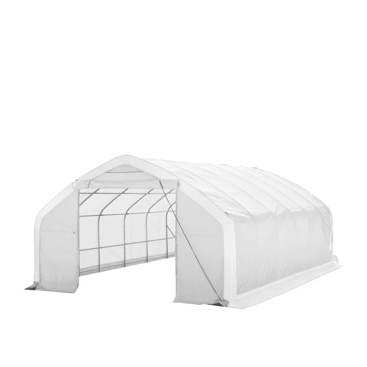 TMG Industrial 20' x 30' Straight Wall Peak Ceiling Storage Shelter with Heavy Duty 11 oz PE Cover & Drive Through Door, TMG-ST2031E