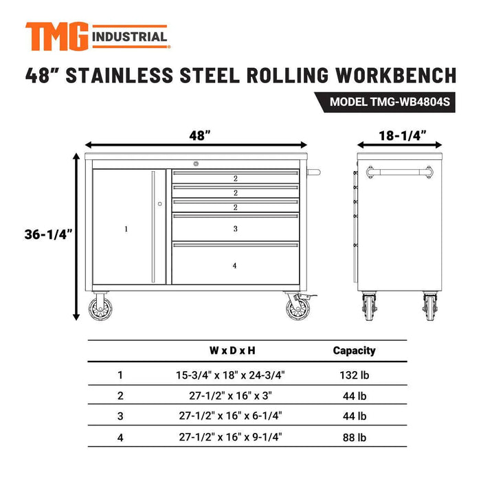 TMG Industrial 48” Stainless Steel Rolling Workbench, Rubberwood Tabletop, Lockable Drawers and Cabinet, Locking Wheels, TMG-WB4804S