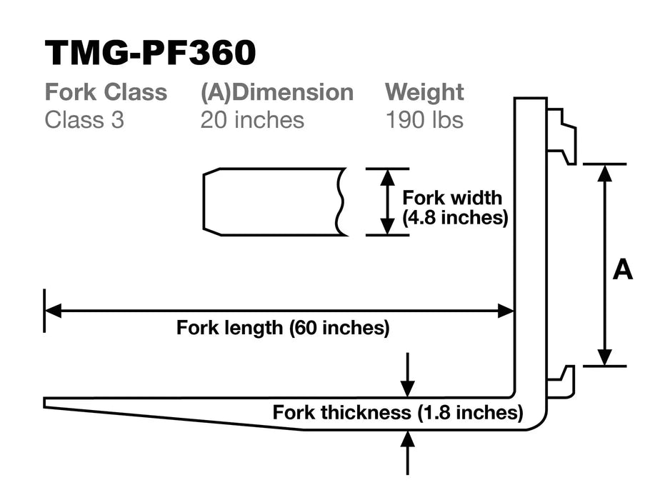TMG Industrial 60” 3 Ton Pallet Forks, 4620 LB Load Capacity, Tapered & Polished, Boron-Carbon Steel, Class III A Compatibility, Quick Assembly/Mounting, Sold by pair, TMG-PF360