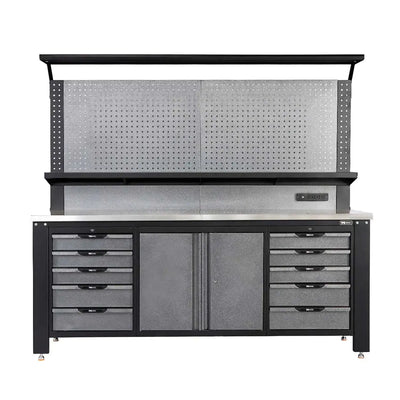 TMG Industrial 7’ Extreme Duty Steel Garage Workbench w/Pegboards, Adjustable Shelving, Power Outlets, USB Port, Magnetic Motion LED Lamps, TMG-WBC07-W