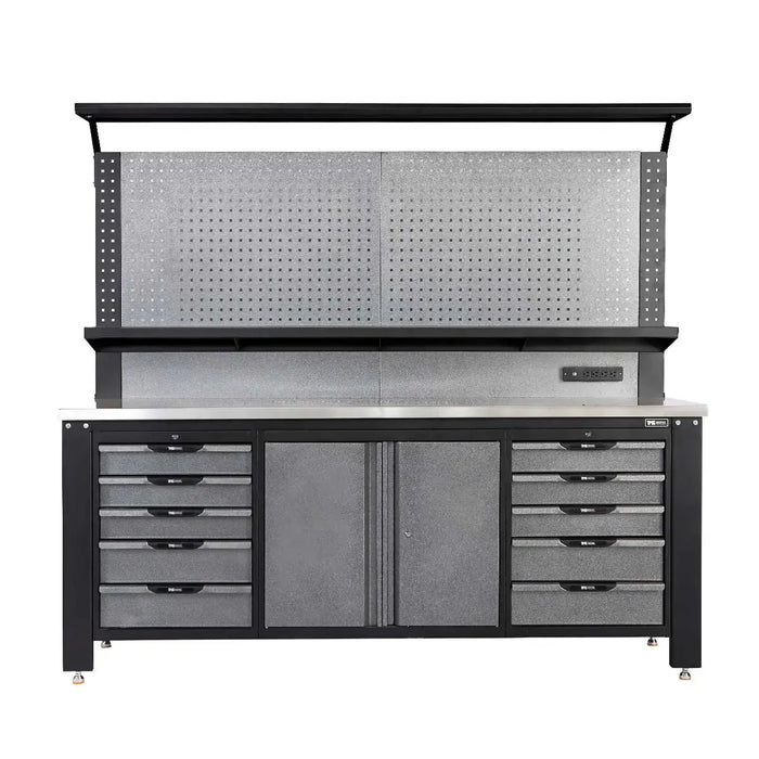 TMG Industrial 7’ Extreme Duty Steel Garage Workbench w/Pegboards, Adjustable Shelving, Power Outlets, USB Port, Magnetic Motion LED Lamps, TMG-WBC07-W