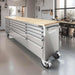 TMG Industrial 72” Stainless Steel Rolling Workbench, Rubberwood Tabletop, 15 Lockable Drawers, Locking Wheels, TMG-WB7215S