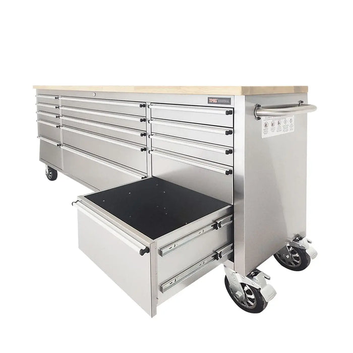 TMG Industrial 72” Stainless Steel Rolling Workbench, Rubberwood Tabletop, 15 Lockable Drawers, Locking Wheels, TMG-WB7215S