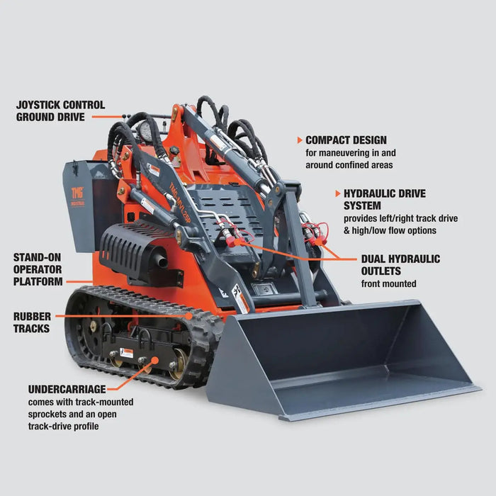 TMG Industrial Stand-On Mini Track Loader, 25 HP Perkins Diesel Engine, Eaton Hydraulic Motor, Permco Hydraulic Pump, Italian Hydro Control Valve, Joystick Controls, 750 lb Load Capacity, Smooth Bucket Included, TMG-MVL25P