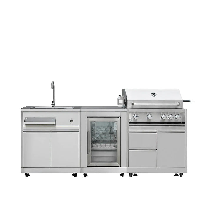TMG Living Kitchen Pro Series 7-Piece Stainless Steel Modular Outdoor Kitchen Suite Set, 35” Refrigerator Cabinet, 32” BBQ, 4-Burner Gas Grill, Sink, Side Burner, Corner Cabinet, Pizza Oven, TMG-LKS12