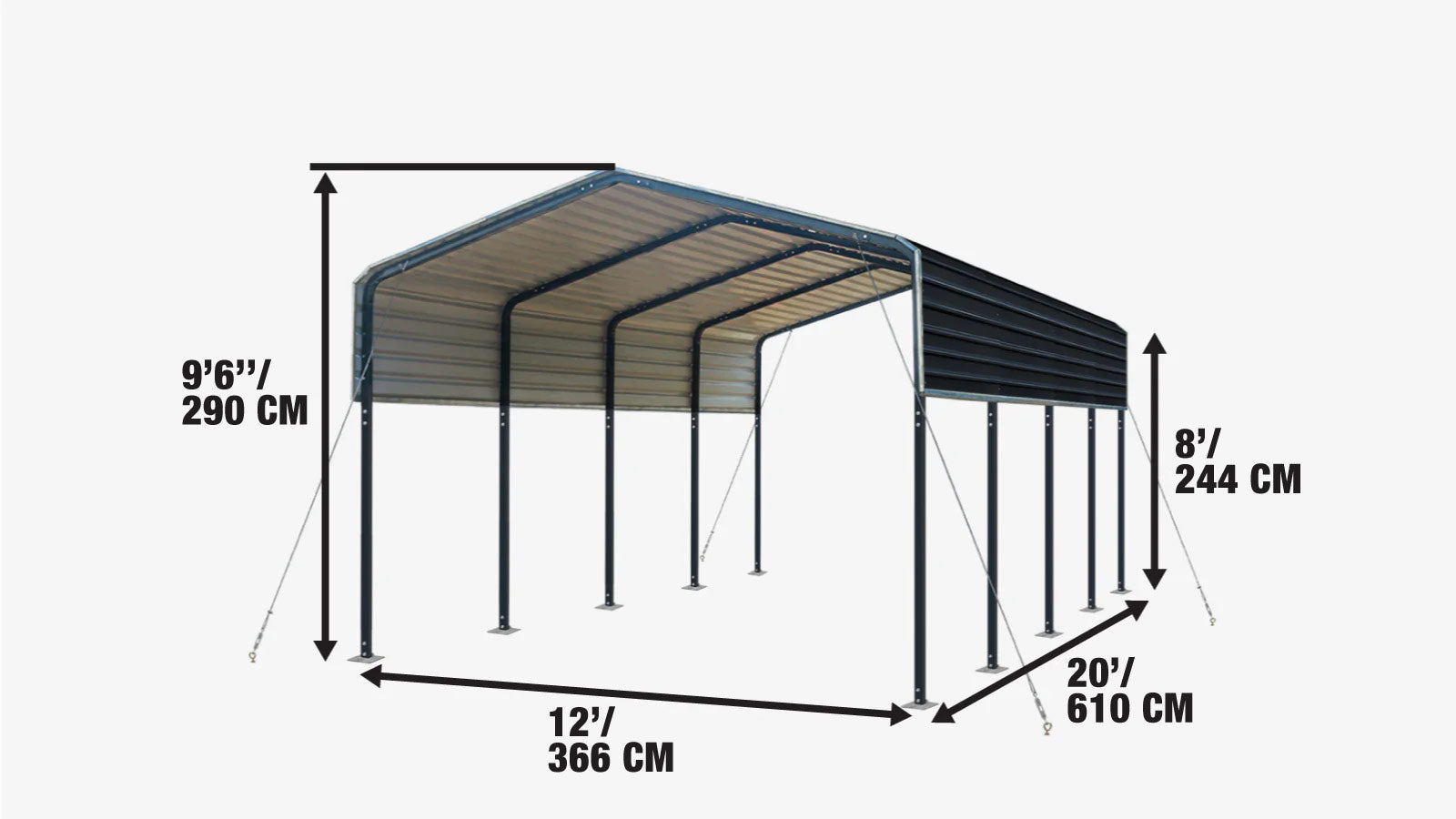 3.6 x 6 m Metal Shed Carport with 2.4 m Open Sidewalls, 2.9 m Peak Height, TMG-MSC1220-specifications-image