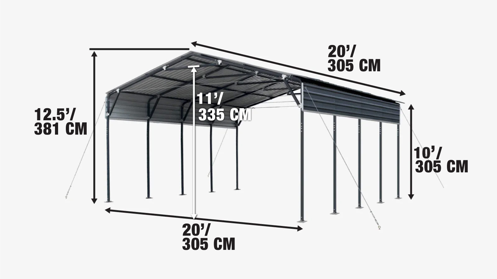 Metall-Carport (20' x 20'), 10' geschlossene Seitenwände, 400 Quadratfuß, 27 GA Wellblechplatten TMG-MSC2020F-specifications-image