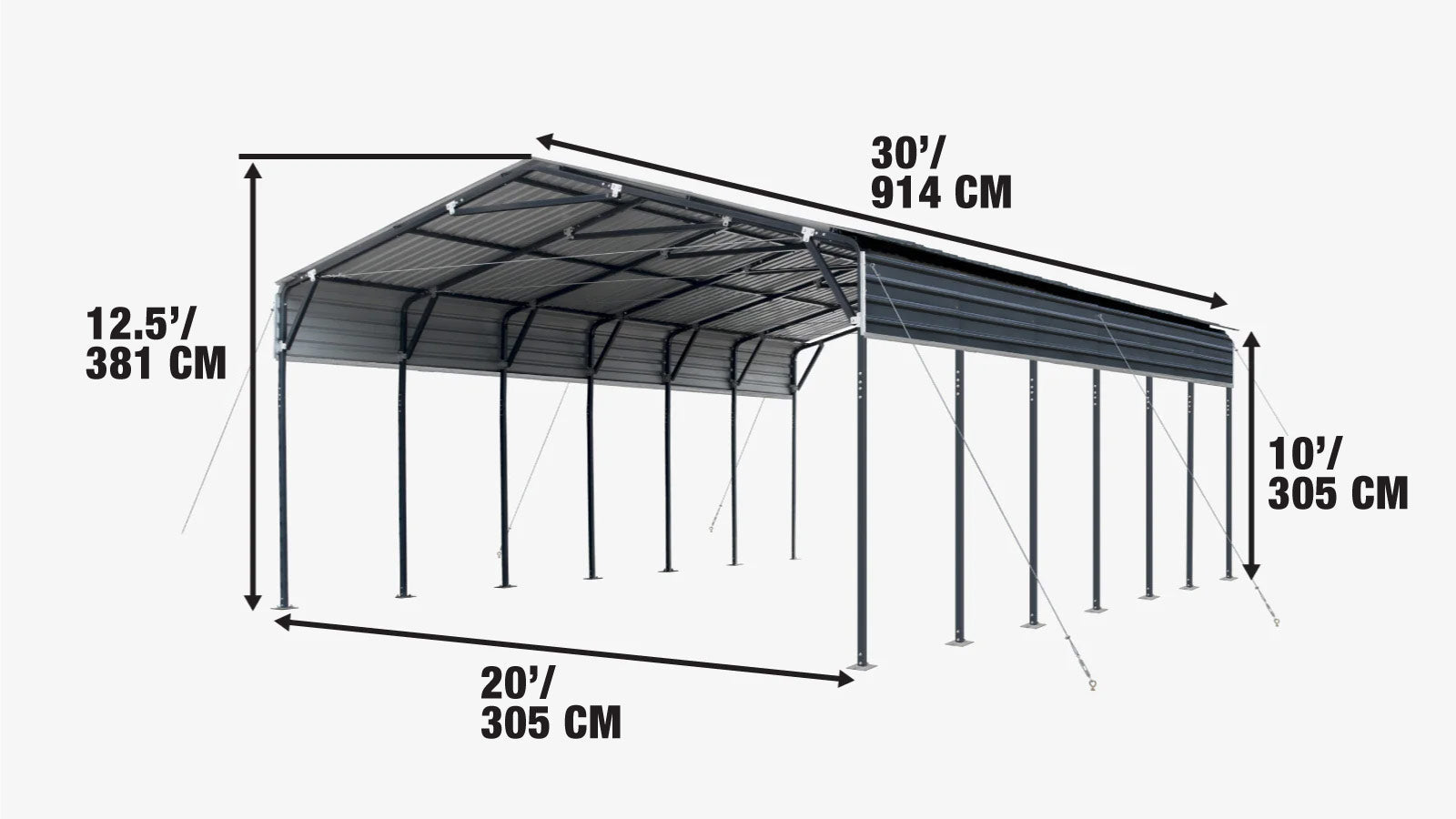 Metall-Carport (20' x 30'), 10' offene Seitenwände, 600 Quadratfuß, 27 GA Wellblechplatten, TMG-MSC2030-specifications-image
