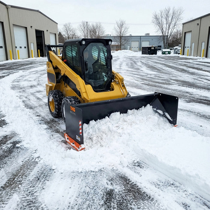 9’ Skid Steer Snow Pusher w/Steel Cutting Edge, Pivoting Wear Shoes, Side Braces, 40-70 HP, TMG-SP09