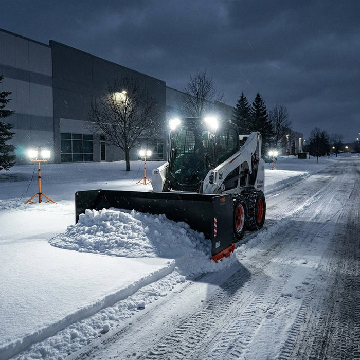 9’ Skid Steer Snow Pusher w/Steel Cutting Edge, Pivoting Wear Shoes, Side Braces, 40-70 HP, TMG-SP09
