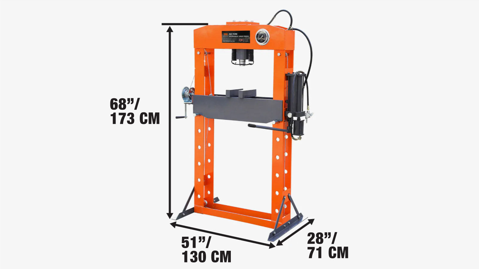 Hydraulische Werkstattpresse mit 50 Tonnen Kapazität, Hochleistungspresse, komplett verschweißter H-Rahmen, pneumatische und manuelle Doppelbedienung, TMG-SP50-specifications-image