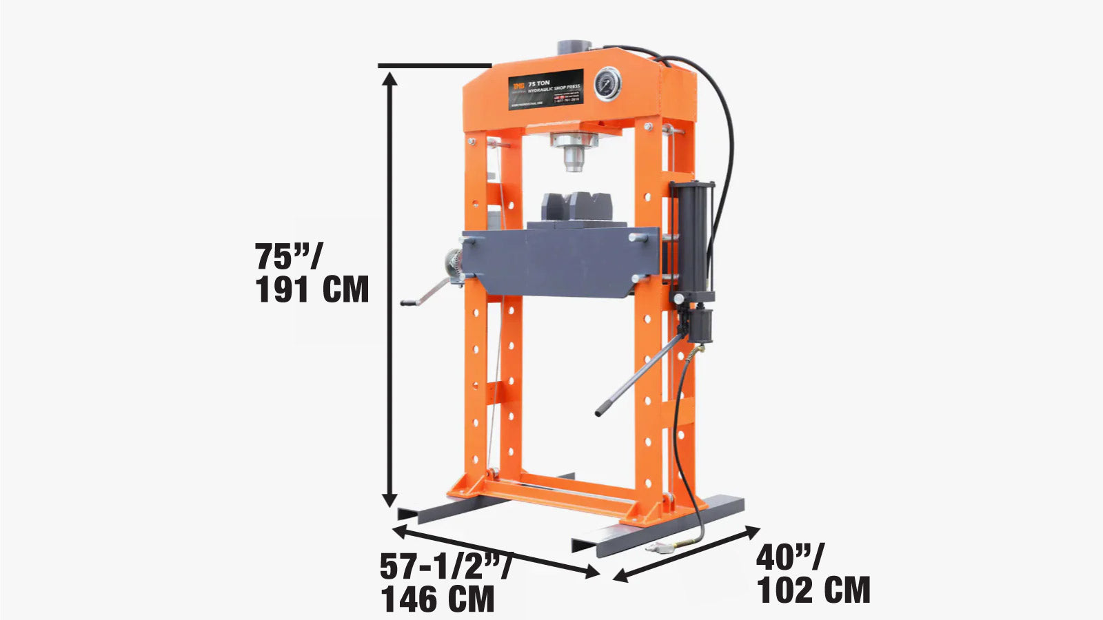 Hydraulische Werkstattpresse mit 75 Tonnen Kapazität, Hochleistungspresse, komplett verschweißter H-Rahmen, pneumatische und manuelle Doppelbedienung, TMG-SP75-specifications-image